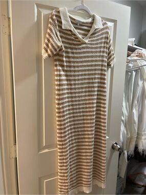 Striped Knit Polo Maxi Dress in Cream and Tan